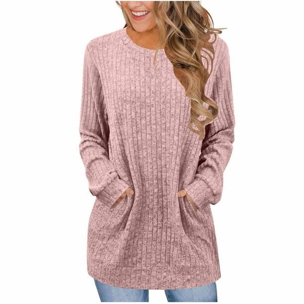 Neewe Womens Classic Plain Long Sleeve Tops Fall Winter Pullover T Shirts Round Neck Casual Fashion Basic Sweatershirt with Pocket