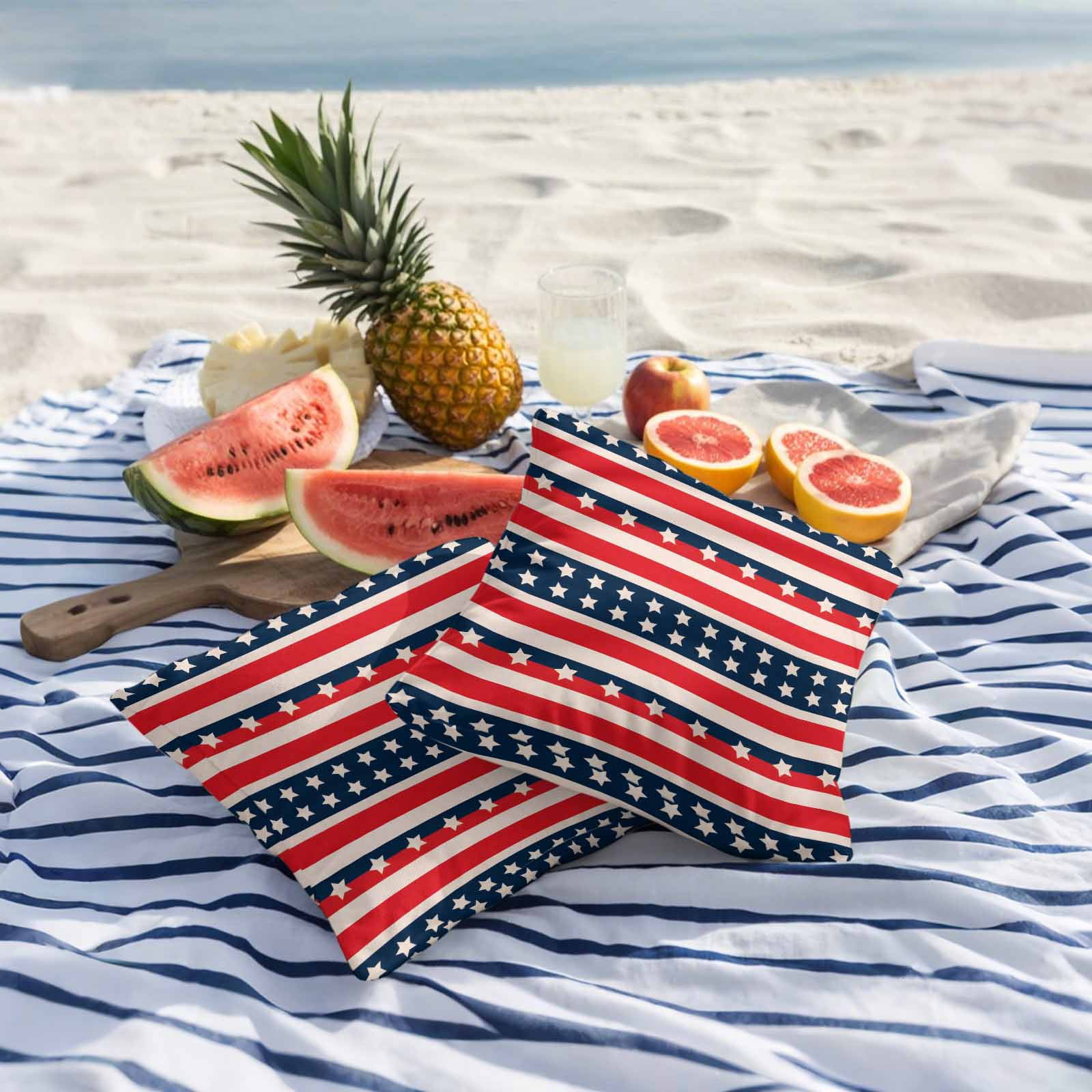 4th of July Outdoor Waterproof Throw Pillow Covers Set of 2 Patriotic Stars Stripes Pillowcases Outdoor Pillows Cushion Case 18x18 Inch Red White Blue Striped Patio Pillows for Couch Sofa Bed Garden