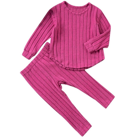 Efsteb Toddler Girl Fall Clothes Set Fashion Long Sleeve Ribbed Knit Tops Long Pants Set Solid Color 2-Piece Outfit for Kids (Hot Pink,4 Years)