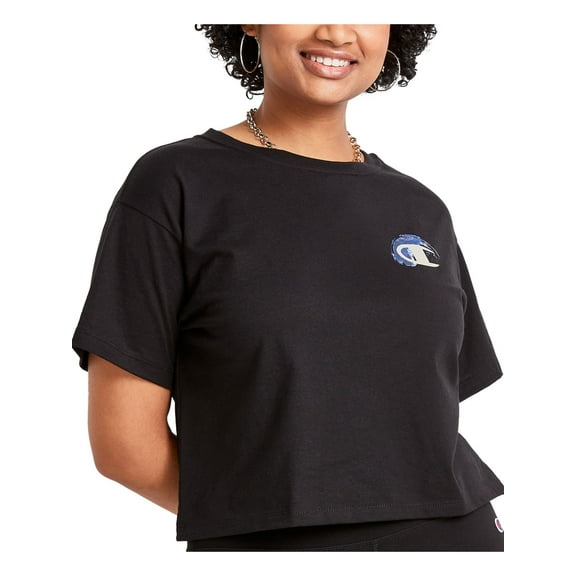 CHAMPION Womens Black Ribbed Cropped Logo Graphic Short Sleeve Crew Neck T-Shirt L