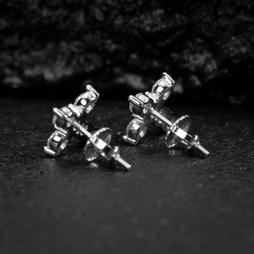 Small Solitaire Prong Set Iced 5A Cz Hip Hop White Gold Plated 925 Sterling Silver Screw Back Post Crucifix Gothic Cross Stud Earrings