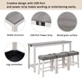 thumbnail image 5 of GZXS 4-Piece Pub Table Set with 3 Linen Upholstered Stools, 59" Industrial Bar Height Table with Charging Station & Rubber Wood Legs, Compact Breakfast Nook Set for Small Apartment (Gray+White), 5 of 9