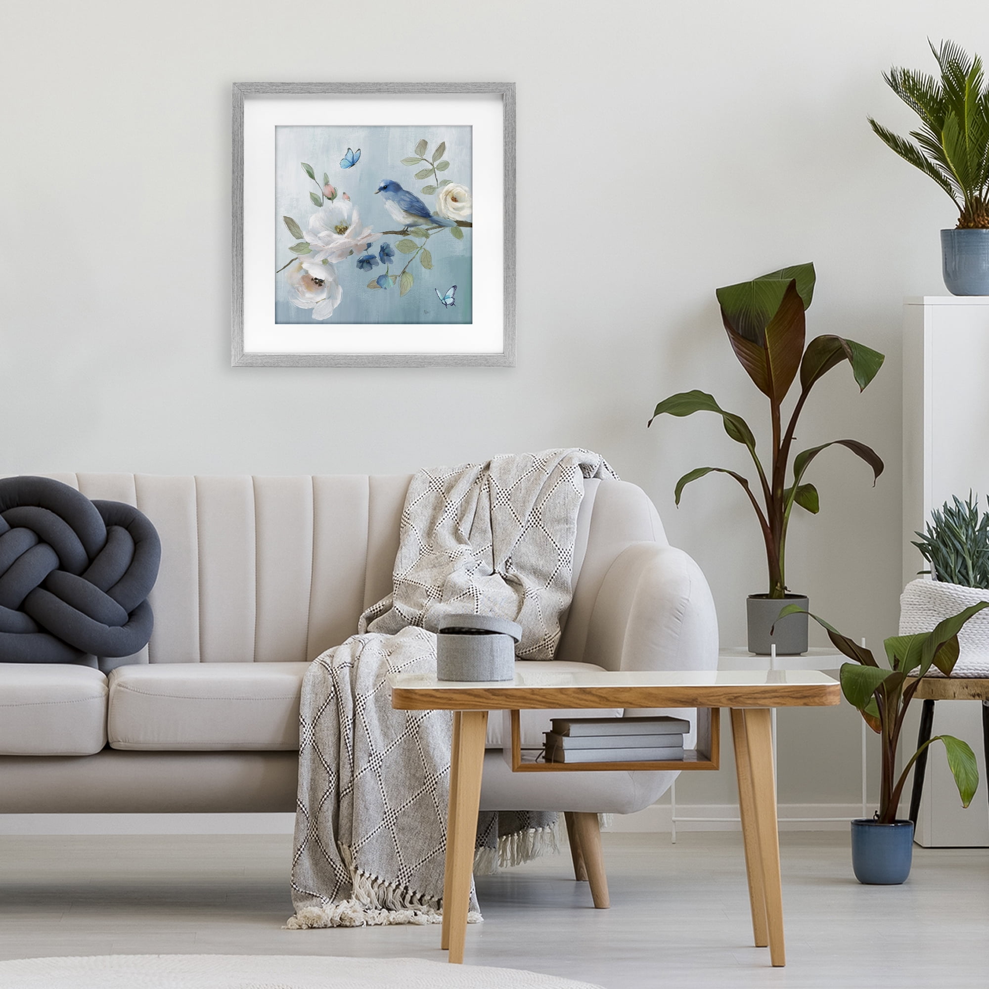 Stupell Industries Pastel Blue Bird Blooms Gray Framed Print Under Glass, design by Nan