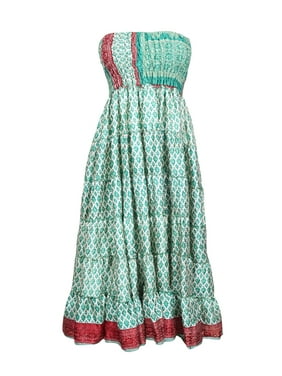 Mogul Women Green Strapless Sundress Floral Print Recycled Sari Holiday Skirt Smocked Bodice Dual Design Dresses S/M
