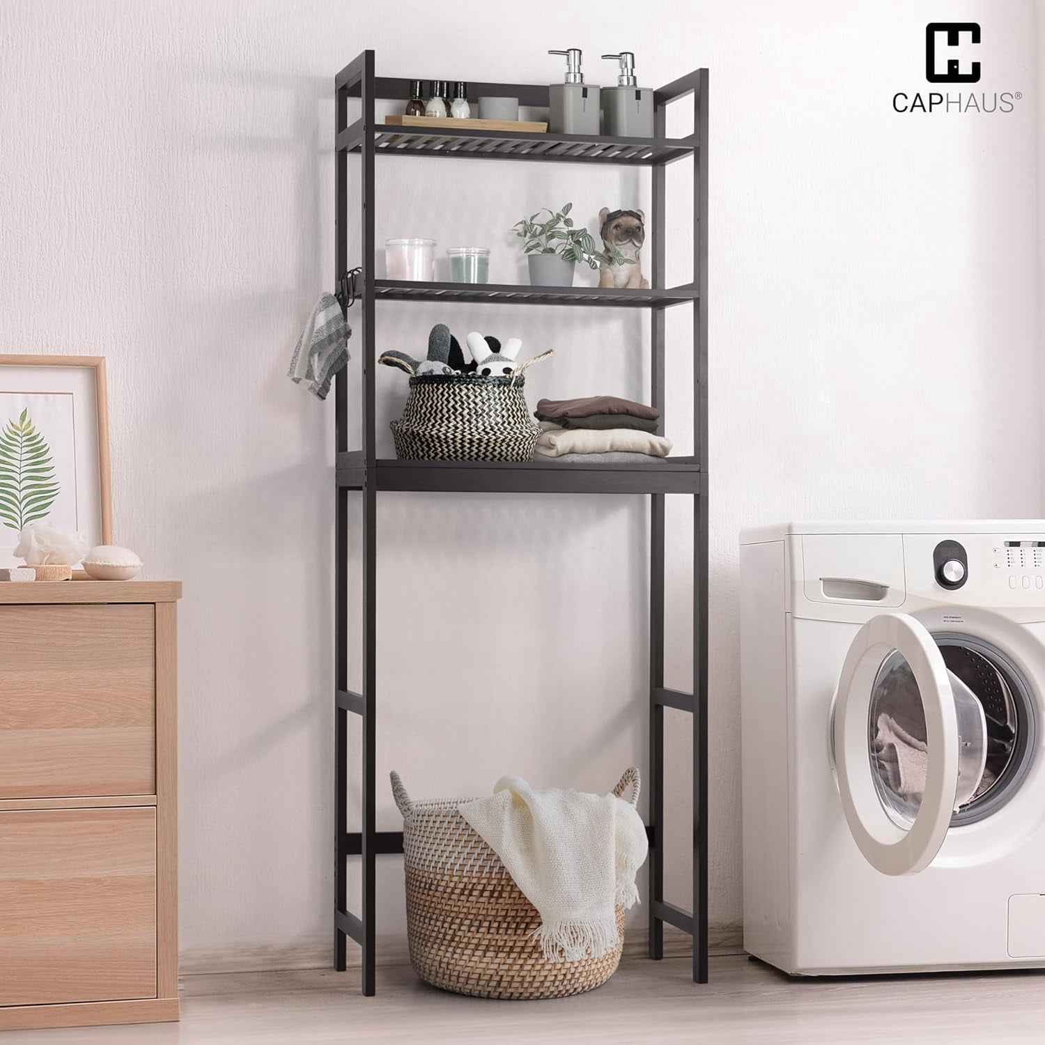 CAPHAUS Bamboo Over The Toilet Storage, Behind Toilet Bathroom Shelf Rack with Hooks & Adjustable Feet, 24-Inch Freestanding Toilet Shelf, Bathroom & Laundry Organizer, Balcony Plant Stand, Black