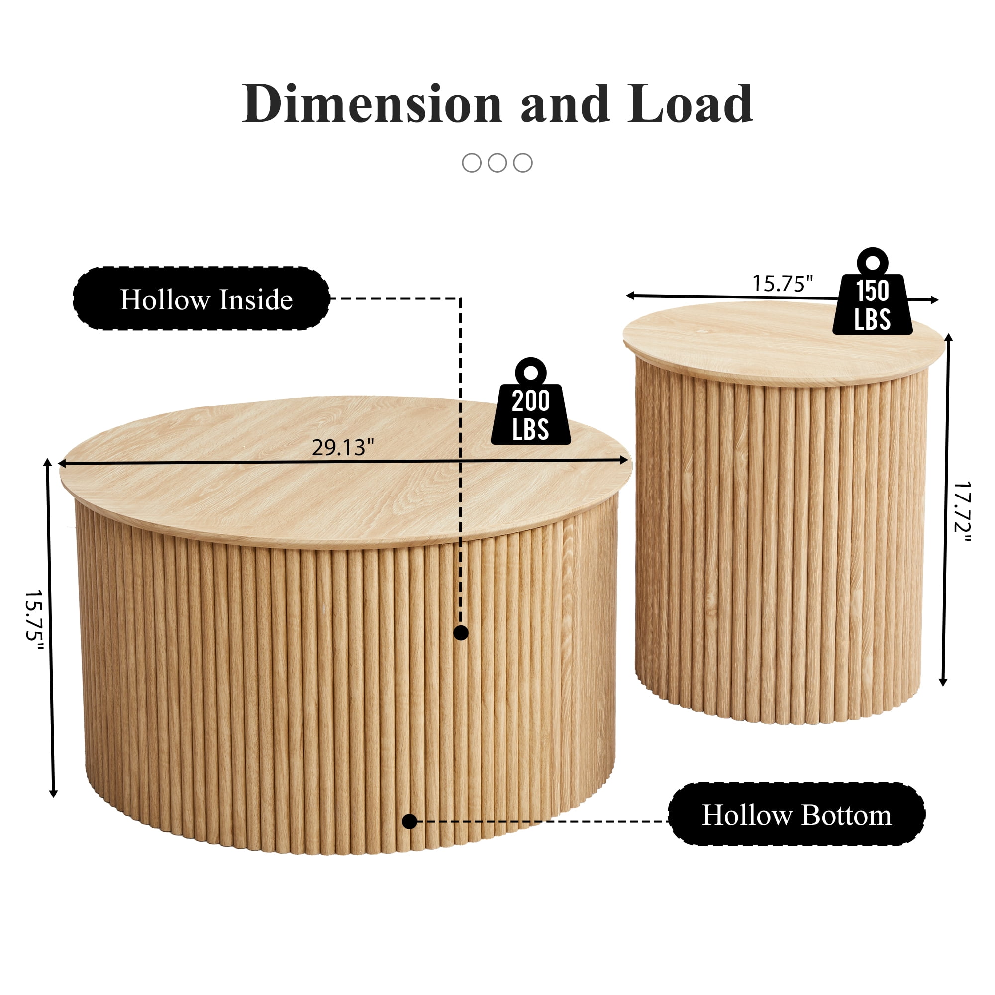 Wirrytor Round Coffee Table Sets 2 Pieces, Wood Fluted Coffee Table with Storage, for Living Room Bedroom, Apartment(Nature)