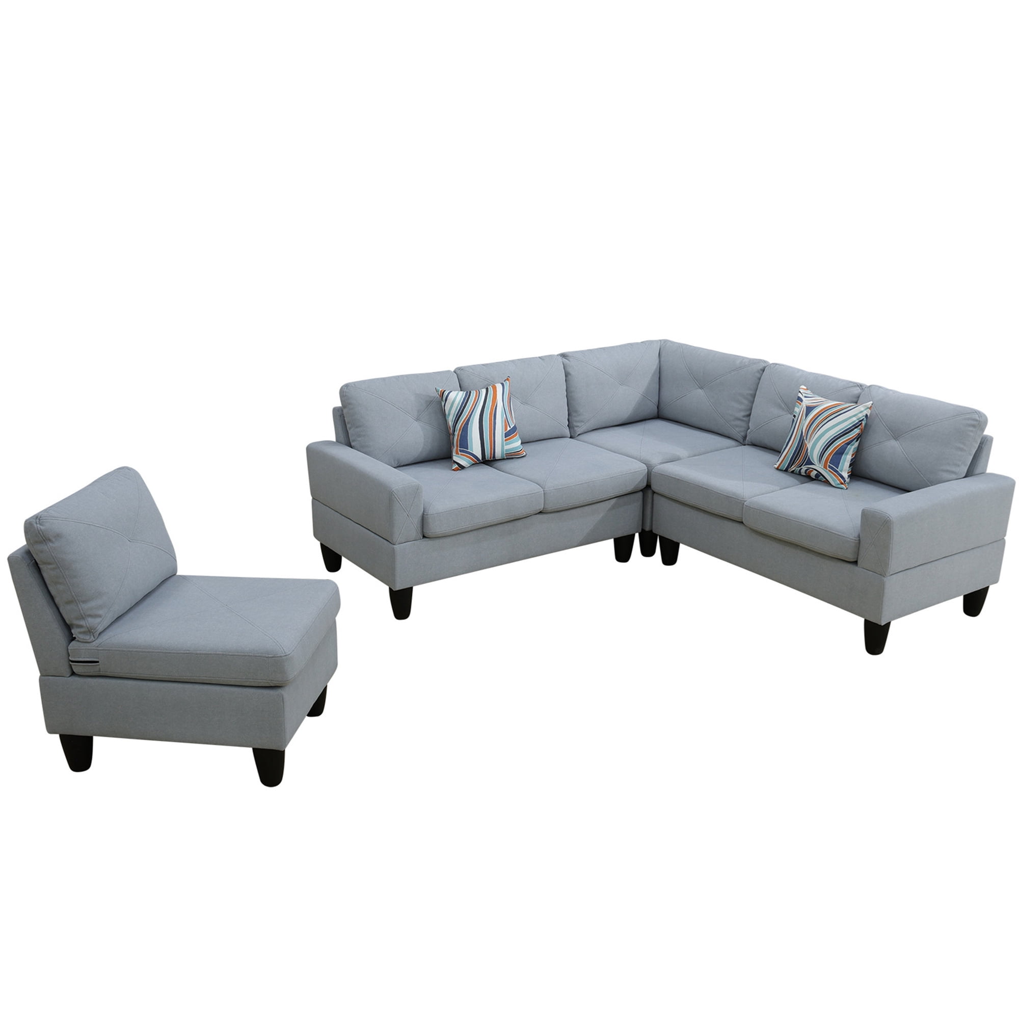 Aukfa 6-Seater L Shaped Sectional Sofa Modular Couch for Living Room, 2Pillows, Flannel, Light Gray
