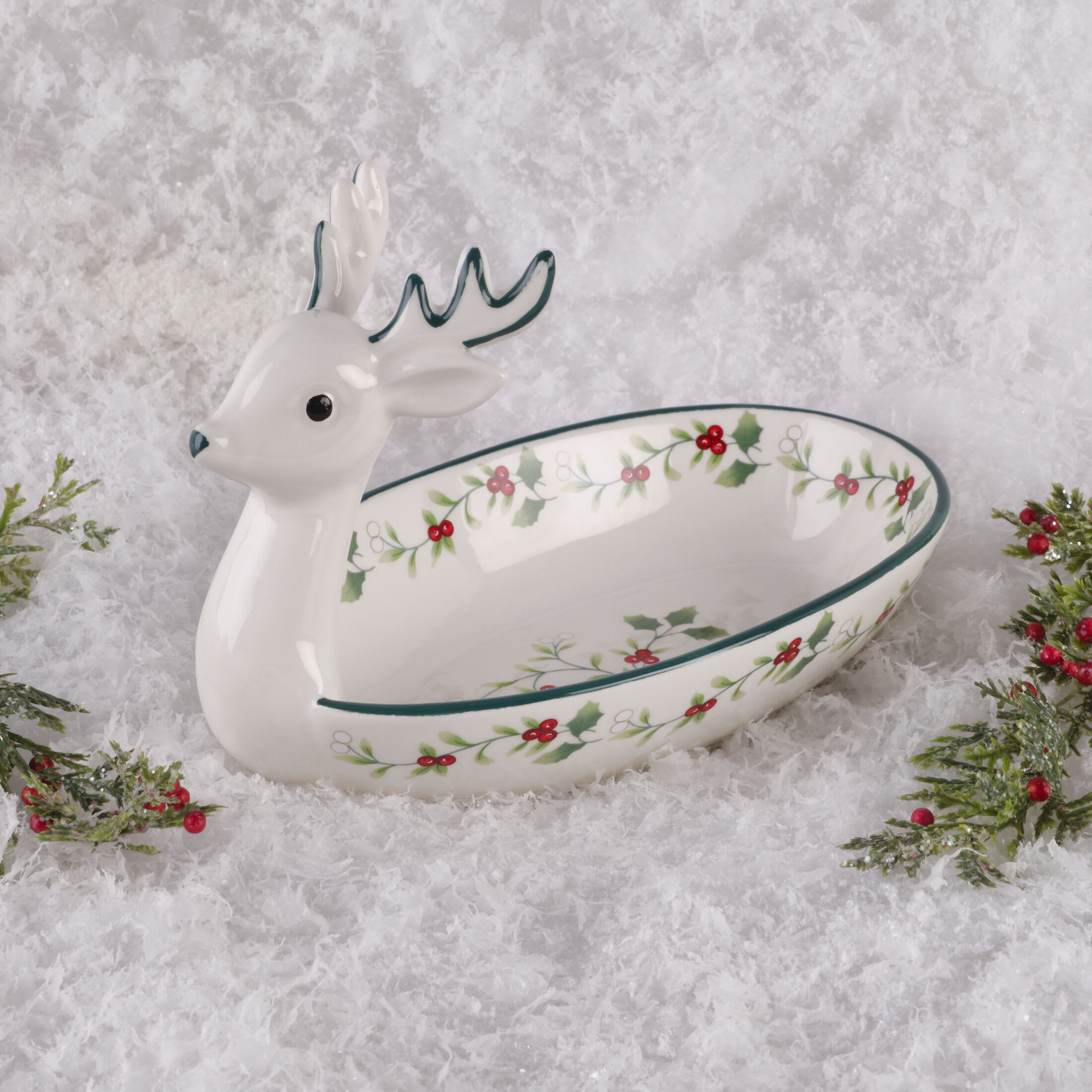 Pfaltzgraff Winterberry Dolomite 8.5 in Reindeer Candy Dish Accent Plate