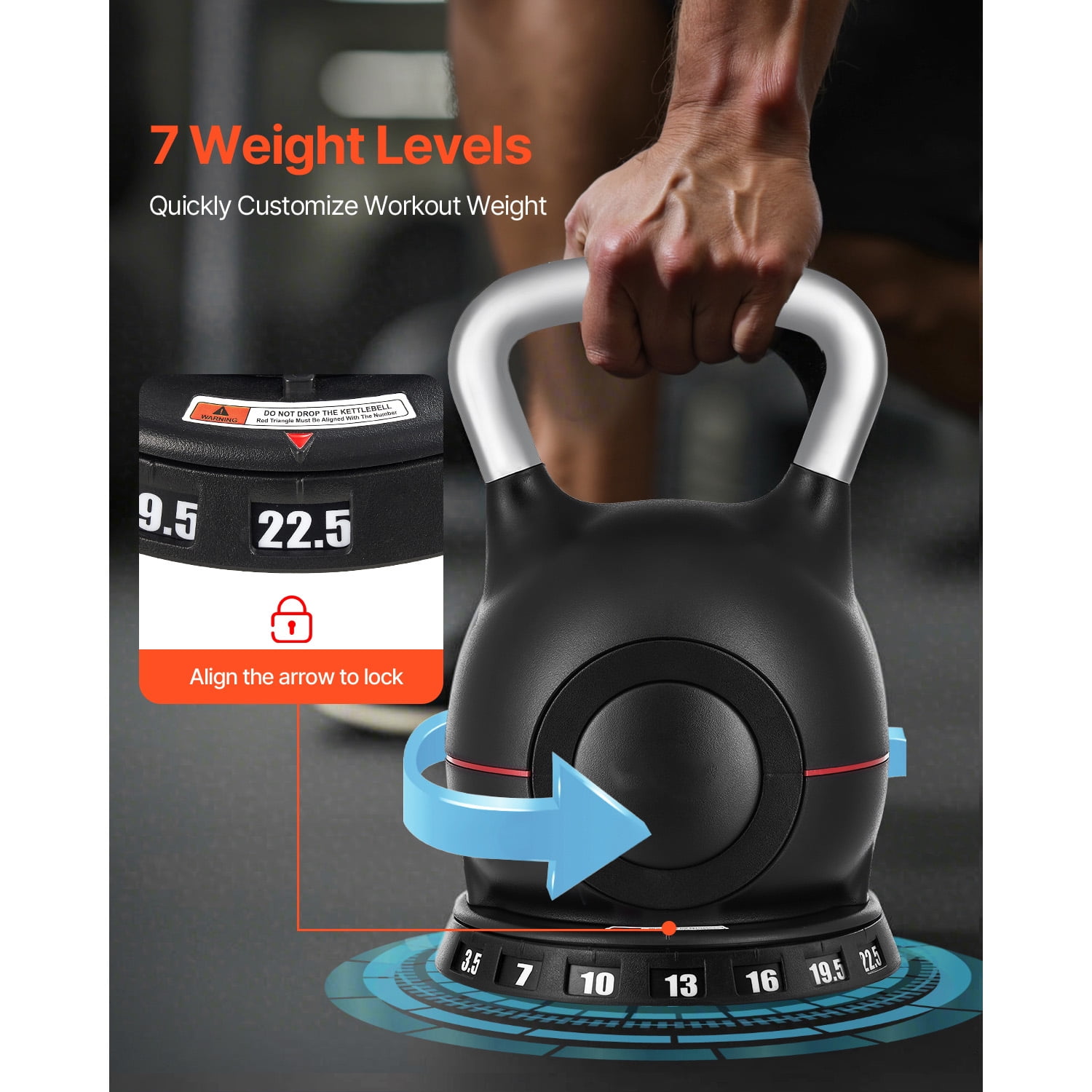 KFFKFF Adjustable Kettlebell with 7 Weight Options (3.5 to 22.5 lbs), Crafted from Die-Cast Aluminum and ABS, Ideal for Grip Strength, Full-Body Exercises, and Cross-Training