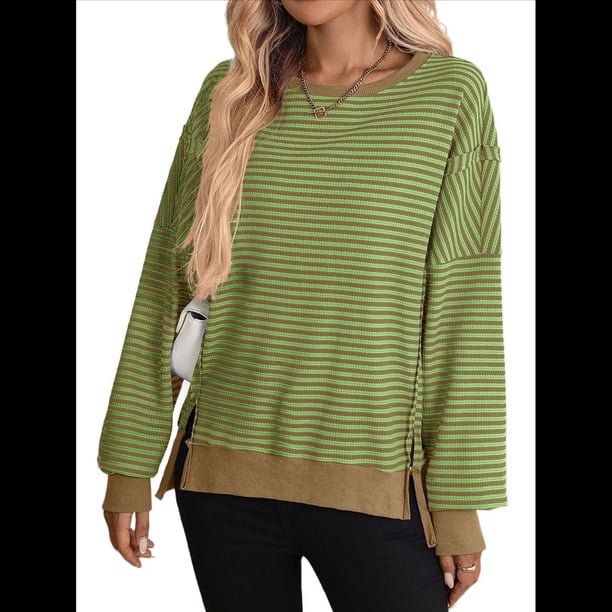 Sudadera Holgada de Otoño para Mujer, Informal, de Punto Gofre, Larga, Cuello Redondo, Abertura, Tipo Túnica. Verde XL