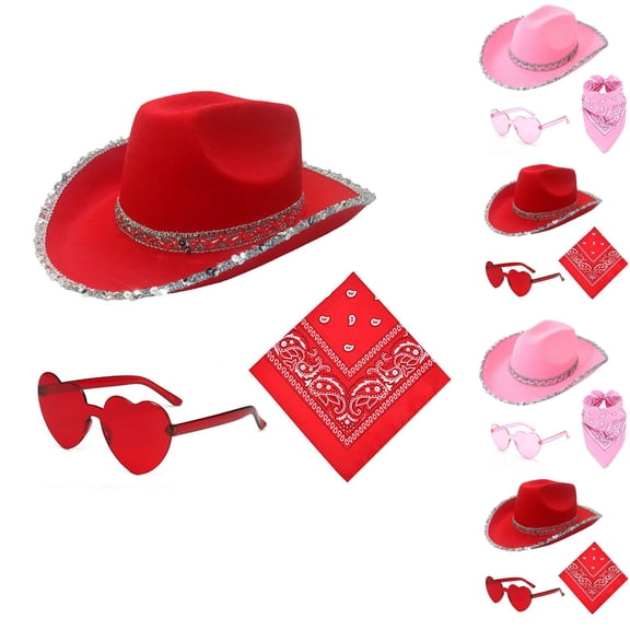 Men'S Cowboy Hat - Double Sequin Wrapped Border Western Cowboy Hat 3 Piece Set Glasses Square Scarf Silk Scarf,Red,One Size