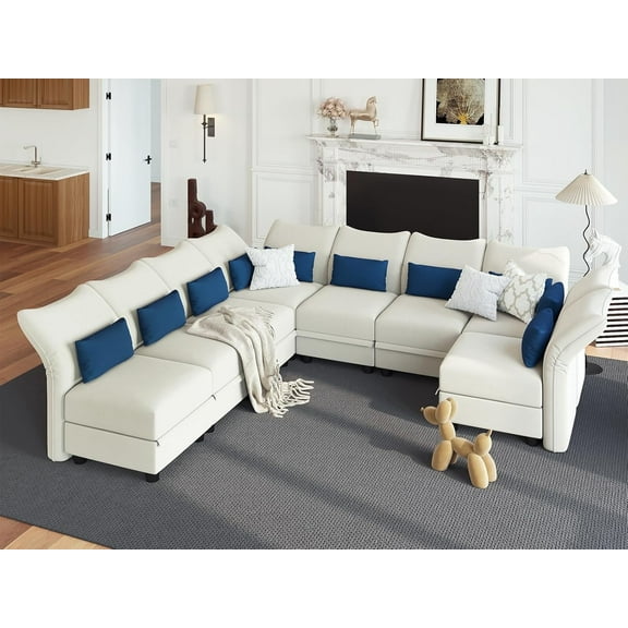 LLappuil 128" Modular Sectional Sofa, 8 Seat Modular Sectional Sofa with Storage, 25.6“ Seat Deep Sofa White