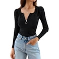 thumbnail image 2 of Women's 3/4 Zip V Neck Top, Long Sleeve Solid Color Casual Blouse, Modern Commuting Shirt for Work or Smart Casual, Black - L, 2 of 4