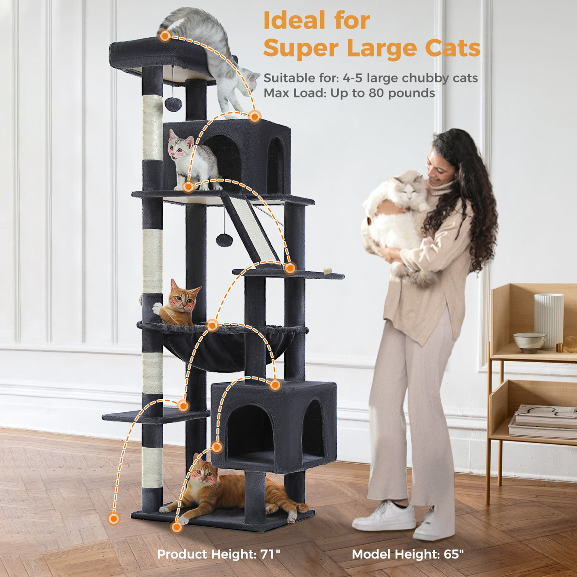 Kadyn 71" Cat Tree Tower for Indoor Cats, Plush Multi-Level Cat Condo with Scratching Posts, Perches, Hammock, 2 Pompoms, Dark Gray