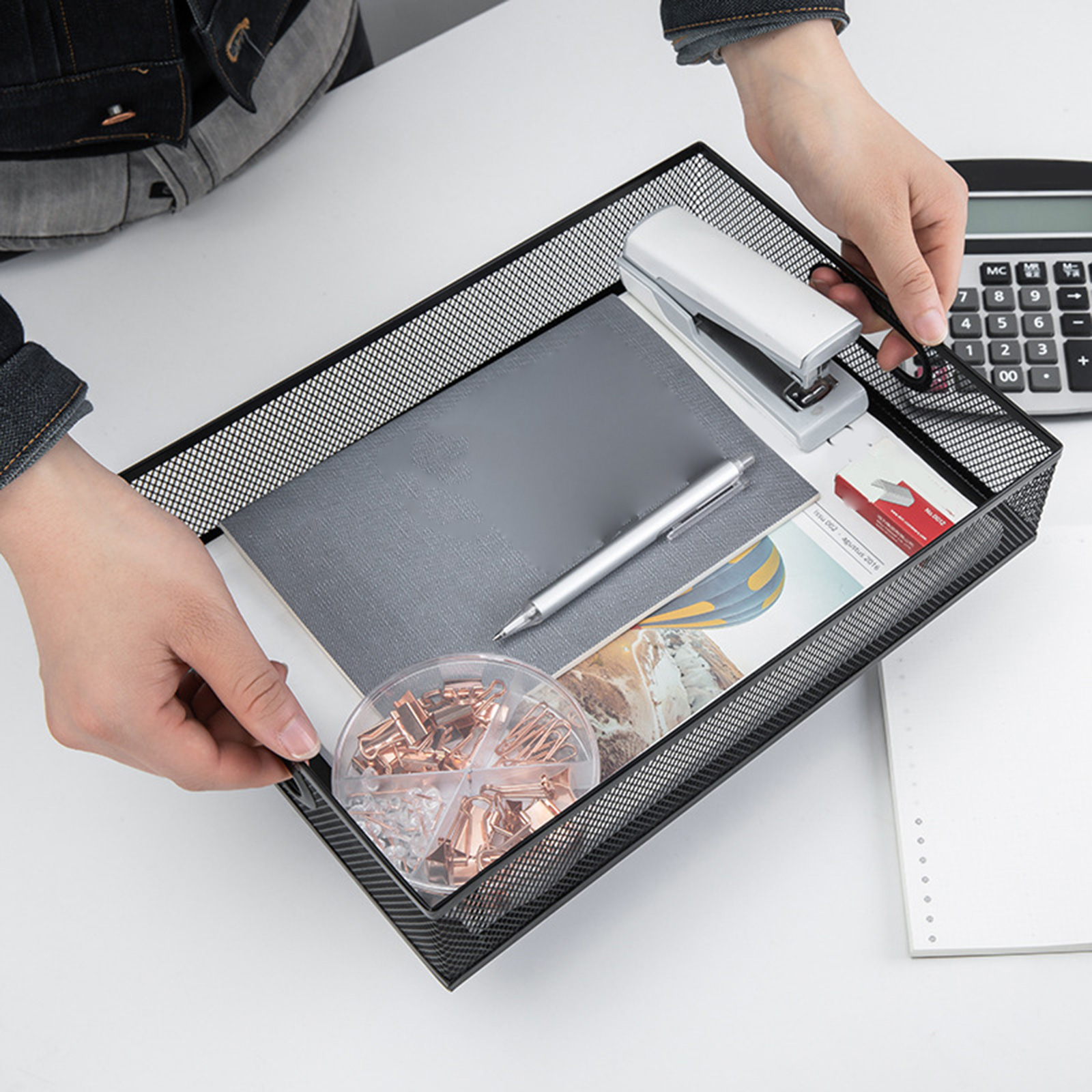 RUISINERY Desk Drawer Organizers Tray Metal Meshes Desktop Storage Tray Office File Organizers with Handle Portable Storage Basket