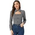 thumbnail image 1 of Blusa informal elegante de manga larga con cuello de gargantilla y estampado de pata de gallo para mujer Blanco M, 1 of 6