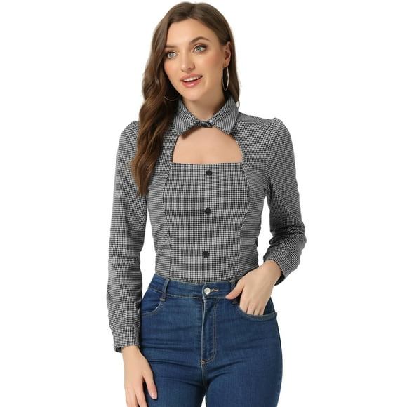 Blusa informal elegante de manga larga con cuello de gargantilla y estampado de pata de gallo para mujer Blanco M