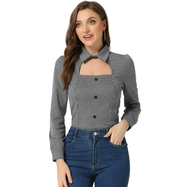 Blusa informal elegante de manga larga con cuello de gargantilla y estampado de pata de gallo para mujer Blanco M