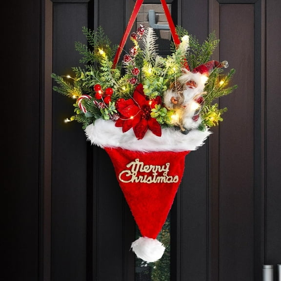 Peacheart Light up Christmas Santa Hat Wreath for Front Door, 15.7 inch Artificial Wreath with Santa Claus Pinecone Berries for Front Door Window Wall Home Xmas Decoration