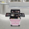 thumbnail image 3 of YIYIBYUS Rolling Makeup Train Case, Durable Large Capacity Makeup Trolley Organizer w/Wheels, Professional Manicure Storage Case Rolling Nail Case W/lock (Pink), 3 of 9