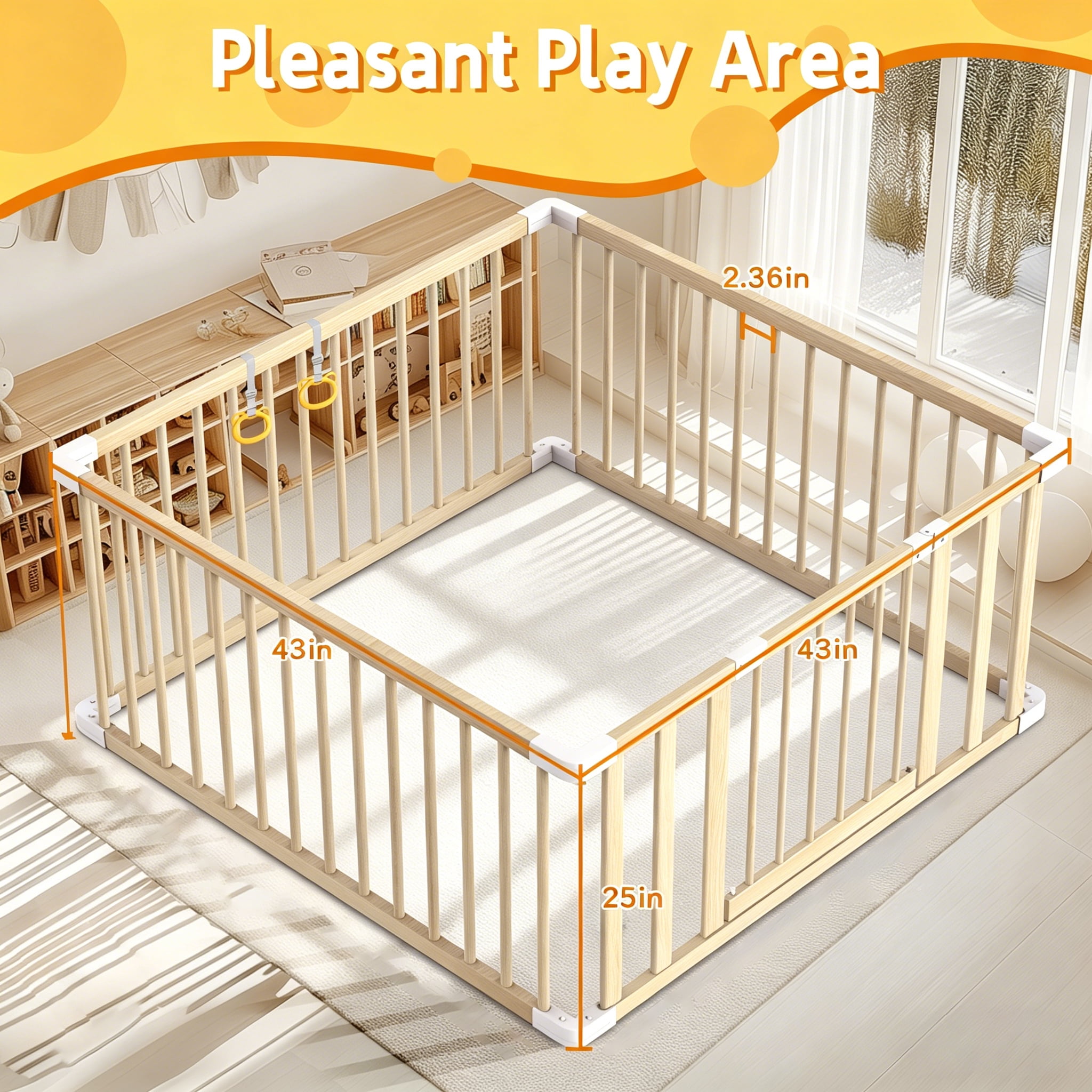 Wooden Baby Playpen, Portable Activity Center for Indoor & Outdoor Use, 43x43in Safety Play Yard with Lockable Door, 2 Handles & 30 Ocean Balls