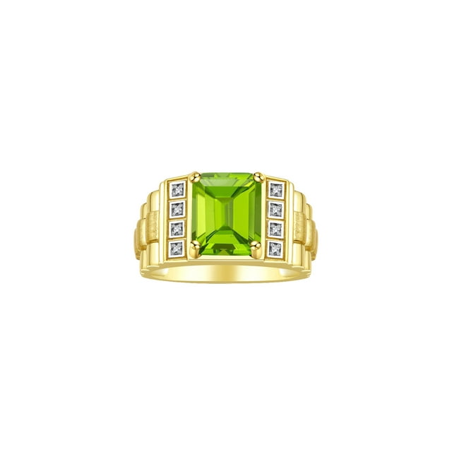 RYLOS Men's Rings Yellow Gold Plated Silver Designer Style 10X8MM Emerald Cut Shape Gemstone & Diamonds PERIDOT AUGUST Birthstone Rings For Men Size 12
