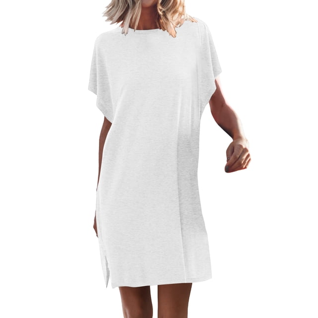 B91xZ Robes Printemps Été Femmes Robes Décontractées à Manches Courtes Col Carré Volanté Dos Noué Taille Élastique Robe Courte Mini, Blanc L