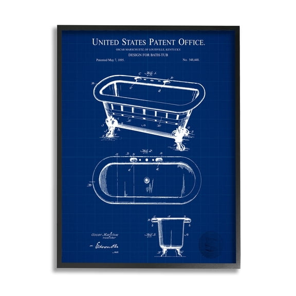 Stupell Industries Blue Bathtub Patent Blueprint Graphic Art Black Framed Art Print Wall Art, Design by Karl Hronek