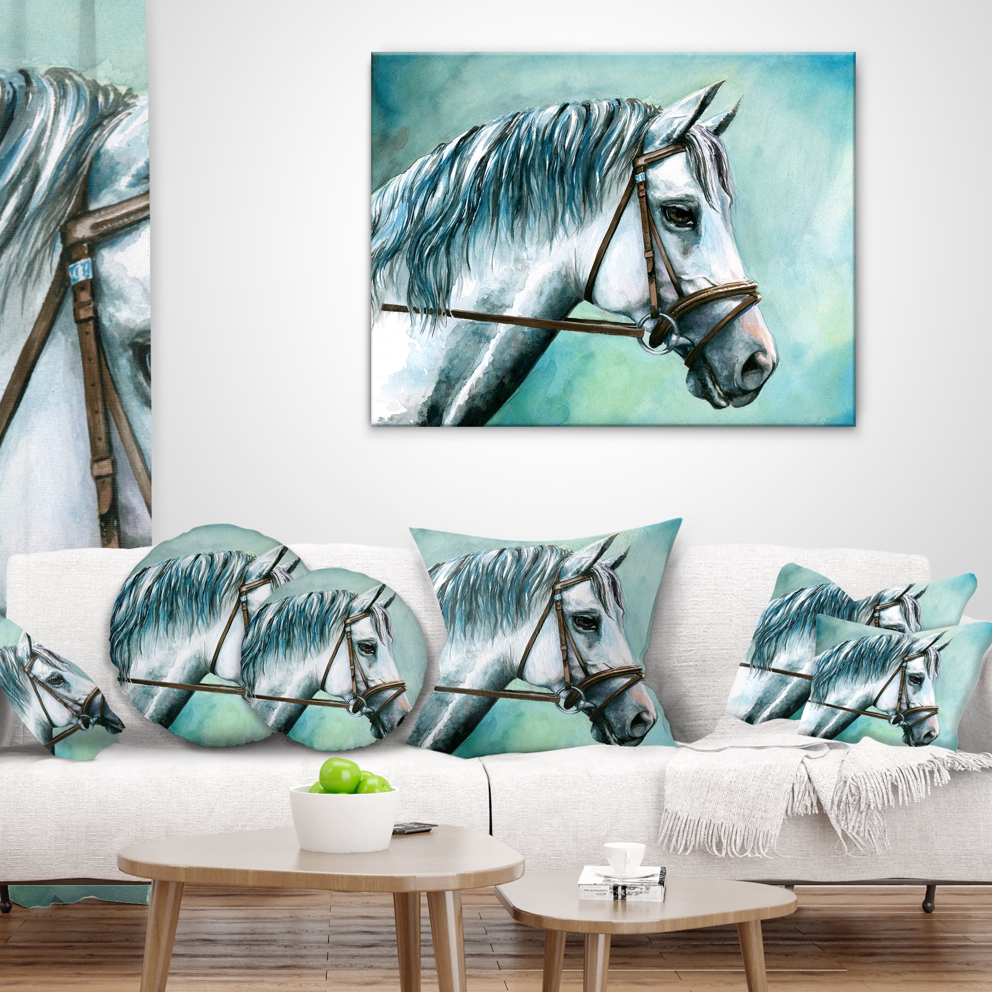 Designart Gray Horse on Blue Background - Animal Throw Pillow - 18x18