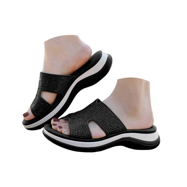 IUJSOY Womens Wedge Sandals Arch Support Platform Slippers Non-Slip Trendy Rhinestone Slip on Shoes