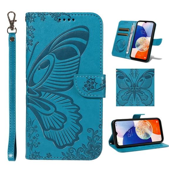Elehold Case for Samsung Galaxy A15 5G, Galaxy A15 Phone Case Wallet with Card Holder, Embossed Butterfly PU Leather Flip Folio Cover for Women with Wrist Strap,Blue