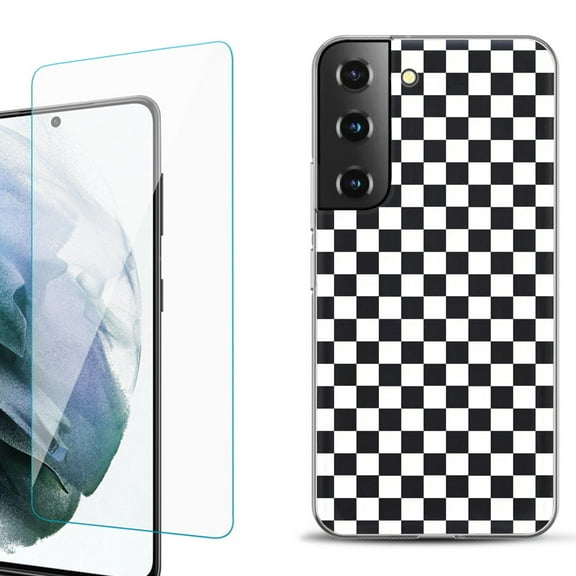 Slim-Fit Fashion Gel Phone Case for Samsung Galaxy S22  5G / S22 Plus 5G, with Tempered Glass Screen Protector, by OneToughShield ® - Checker B/W