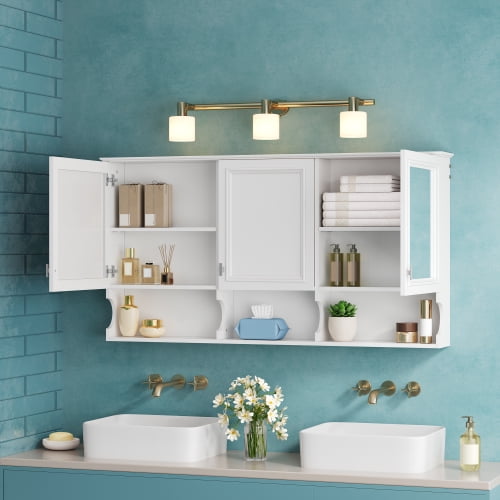 DRNANLIT 55 Inch Cabinet with Open Shelves,Wall Mounted Home Storage with Doors & Mirror, Adjustable Shelf, Bathroom Storage Cabinet,White