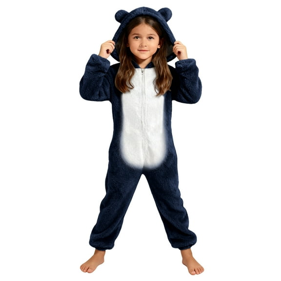 BRGZLK Girls Fleece Jumpsuits Kids Hooded Rompers Costume Fuzzy Cute Onesie Fall Winter Cozy Zipper Playsuit Jumper with Cat Ears Navy 9-10 Years