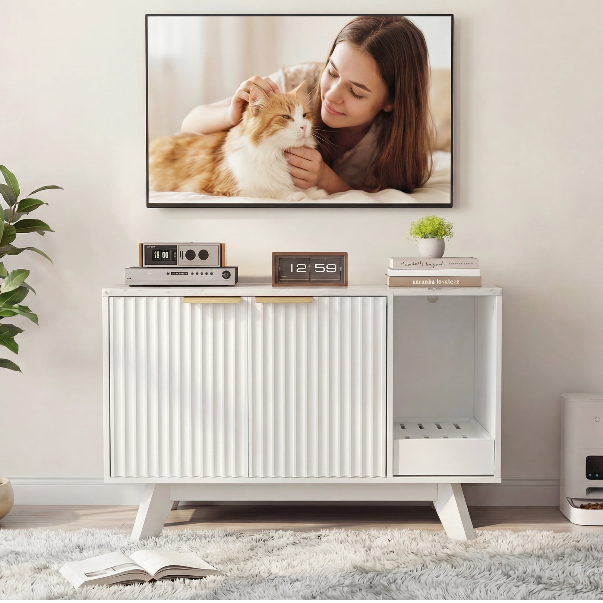 YDN Home Cat Litter Box Enclosure - 31.5 inch Wood Hidden Cat Litter Box Furniture for 2 Cats, Indoors Cats Washroom Cabinet Side Table with Scratching Pad for Living Room & Bedroom,White