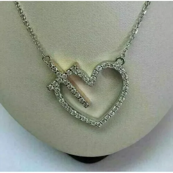 1.50 Ct Round Cut Lab Created Diamond Heart Cross Pendant Necklace 18" 14K White Gold Plated