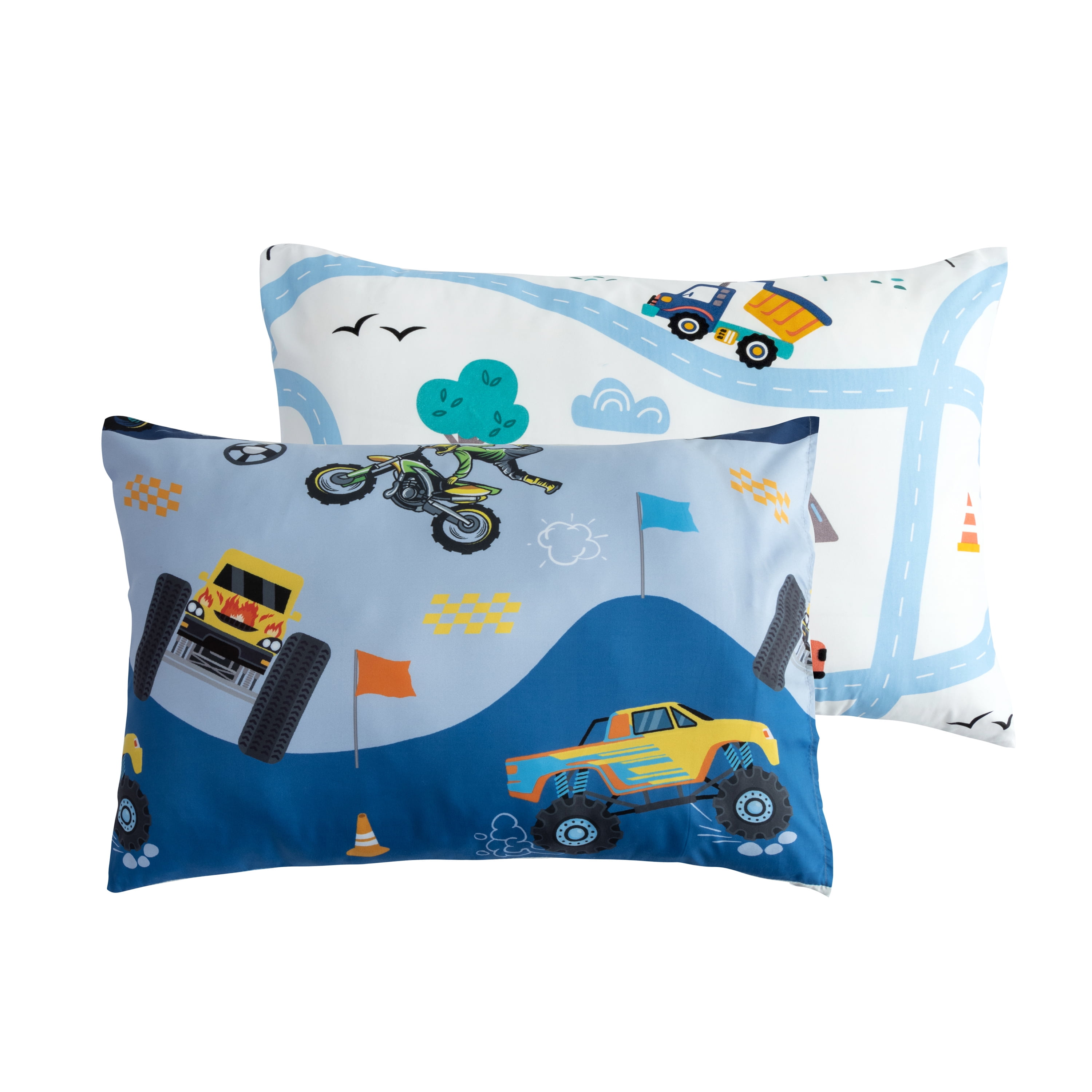 Btargot 3Pcs Reversible Cartoon Car Kids Off-Road Vehicle Comforter Set Full Race Car Motorcycle Construction Truck Bedding Set for Car Fans Boys Blue
