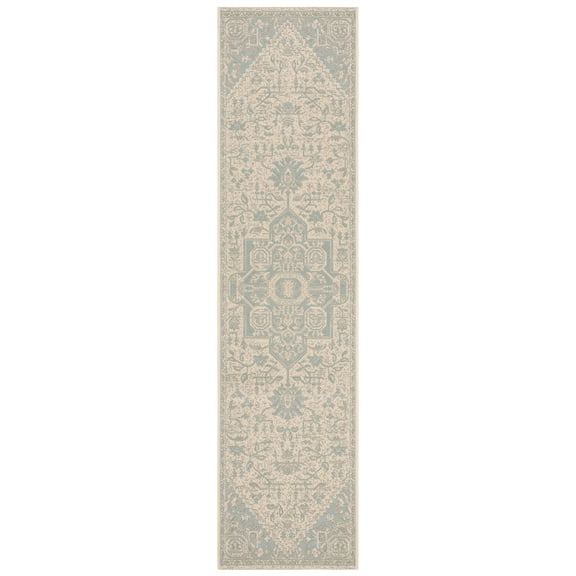 SAFAVIEH Beach House Diggory Medallion Indoor/Outdoor Runner Rug, Aqua/Cream, 2'2" x 6'