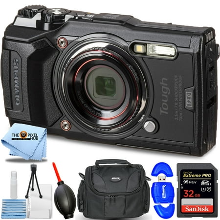 Olympus Tough TG-6 Waterproof Digital Camera (Black) - Essential Bundle Includes: Sandisk Extreme Pro 32GB SD, Memory Card Reader, Gadget Bag, Blower. Microfiber Cloth and Cleaning Kit