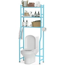 3-Tier Over The Toilet Storage, Space Saver Metal Bathroom Shelves, Freestanding Above Over Toilet Storage Shelf with 4 Hooks for Bathroom, Blue