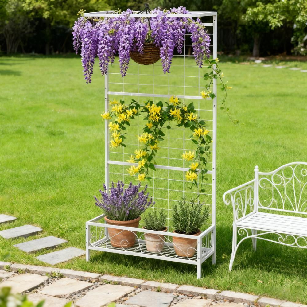 Plant Holder, Metal Tall Plant Stand with Trellis and Hanging Bar, for Indoor Outdoor Use