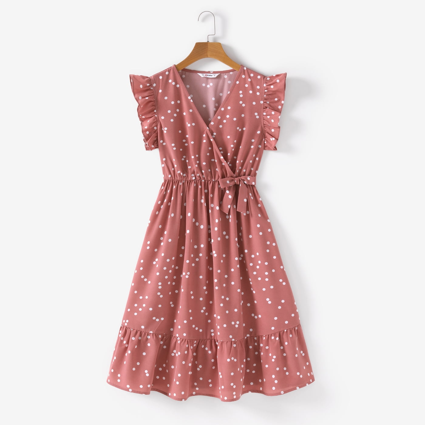 Family Matching All Over Floral Print Cross Wrap V Neck Ruffle Sleeve Dresses and Short-sleeve T-shirts Sets