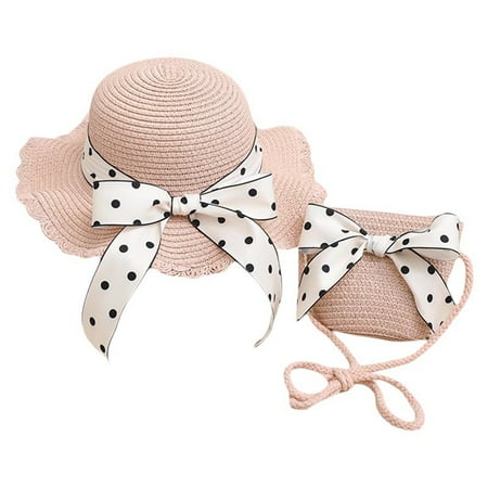 

allshope Kids Girl Bowler Straw Hat Wide Brim Bowknot Beach Sun Caps and Crossbody Bag for Toddler Summer Seaside Travel Outdoor