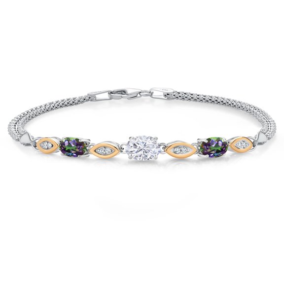 Gem Stone King 925 Silver and 10K Yellow Gold White Moissanite and Green Mystic Topaz and White Lab Grown Diamond Bracelet for Women (2.16 Cttw, Gemstone, Oval, Wheat Chain, 6.5 inches)