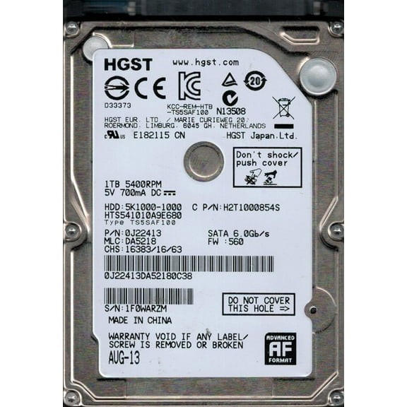 HTS541010A9E680 P/N: 0J22413 MLC: DA5218 HGST 1TB
