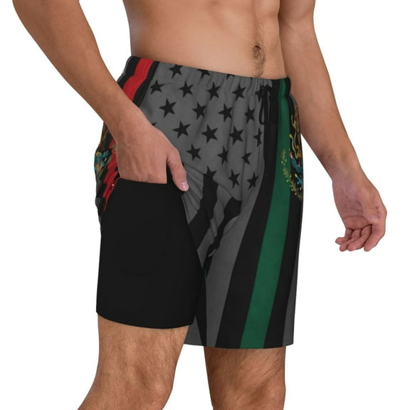 Men's 2 in 1 Swim Trunks with Compression Liner America Mexico Flag Quick Dry Beach Shorts