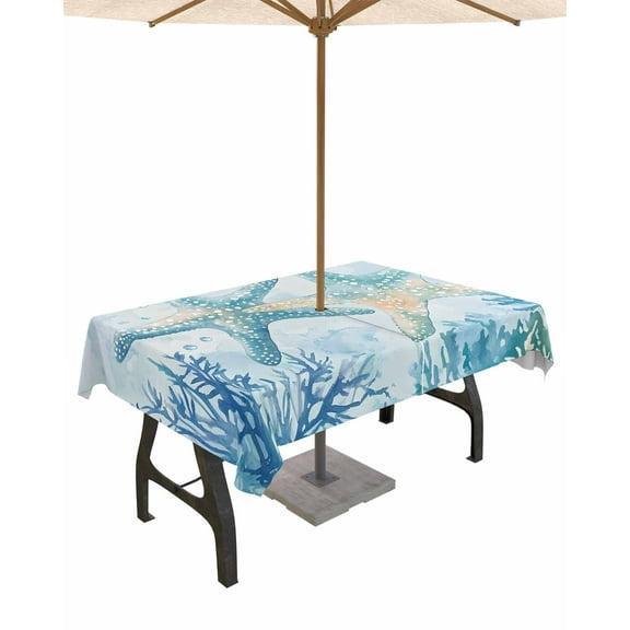Outdoor Tablecloth with Umbrella Hole for Patio/Picnic/Party/Camping, Teal Blue Coastal Waterproof Table Cloth Rectangle Table Cover Washable, Summer Ocean Starfish Coral 54"x 80"