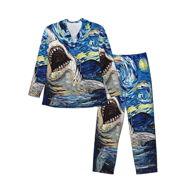 Fotbe Vintage Starry Sky Shark Pijama de Hombre con Estampado de Manga Larga, Conjunto de 2 Piezas, Ropa de Dormir Suave y Cómoda con Bolsillos-XX-Large