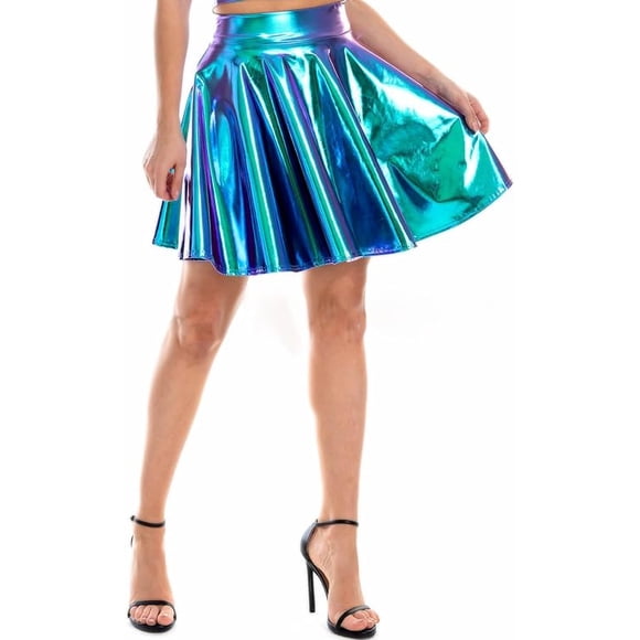 Women's Metallic Shiny Skirt Sexy Wet Look Flared Pleated Skirt Women Skater Skirt Cheerleader Anime Alien Cosplay Costume