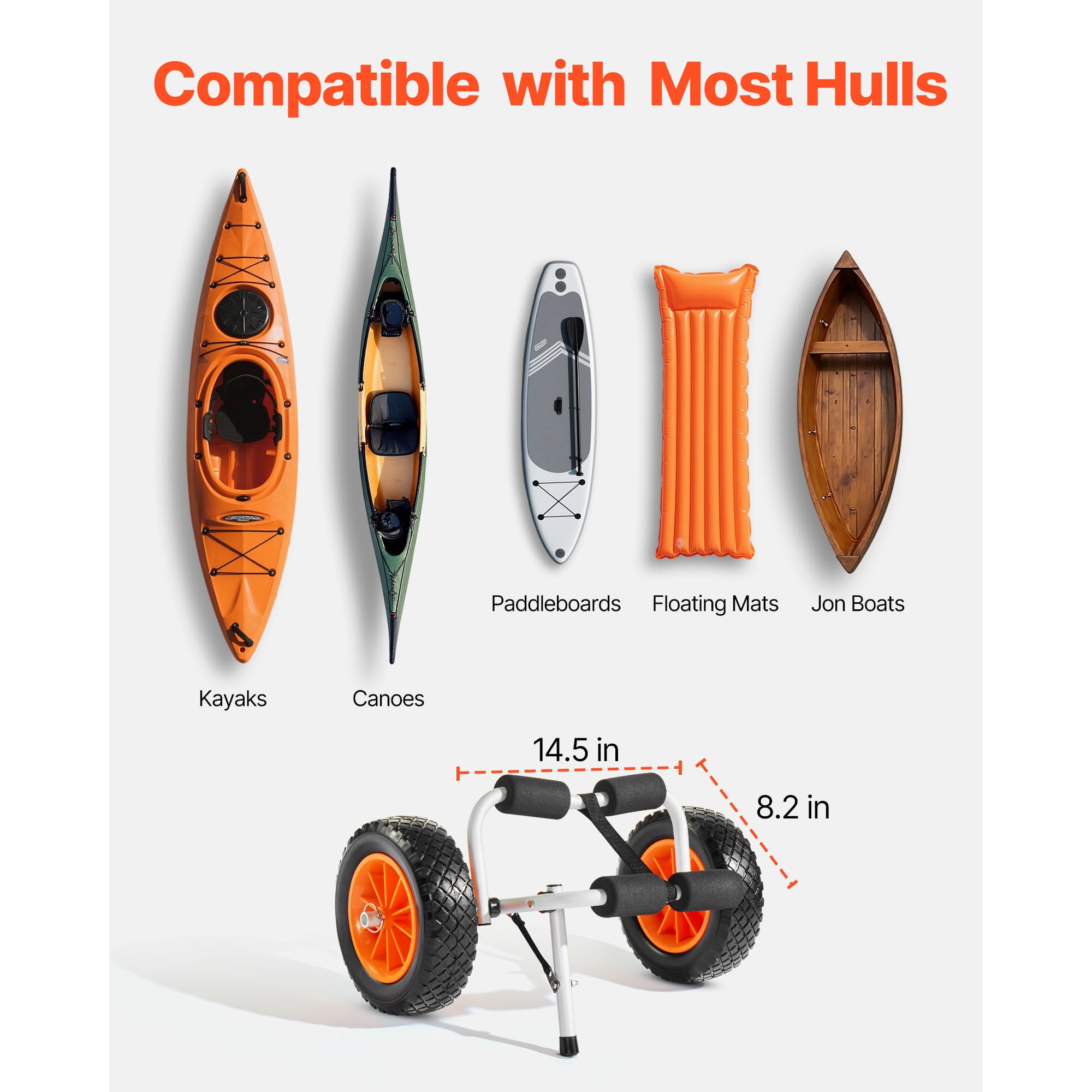 KFFKFF Foldable Kayak Cart with 200 lbs Capacity, Durable Trolley Featuring 10-inch Solid Rubber Tires and Ratchet Strap for Transporting Kayaks, Canoes, Paddleboards, Float Mats, and Small Boats